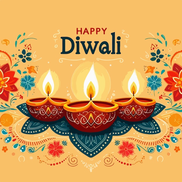 happy diwali celebration template with diya lamp flat illustration design