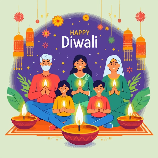 happy diwali celebration template with diya lamp flat illustration design