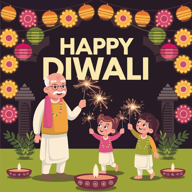 happy diwali celebration template with diya lamp flat illustration design