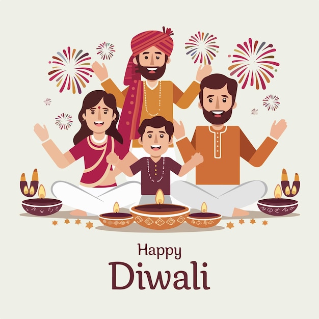 happy diwali celebration template with diya lamp flat illustration design