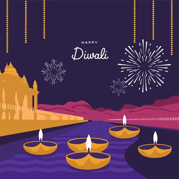 happy diwali celebration template with diya lamp flat illustration design