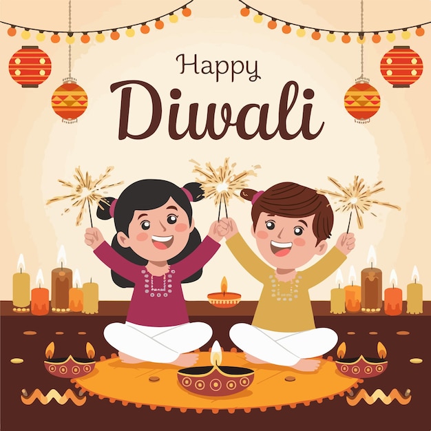 happy diwali celebration template with diya lamp flat illustration design