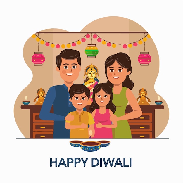 happy diwali celebration template with diya lamp flat illustration design