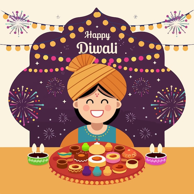 Vector happy diwali celebration template with diya lamp flat illustration design