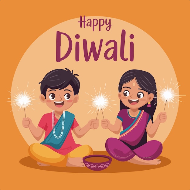 happy diwali celebration template with diya lamp flat illustration design