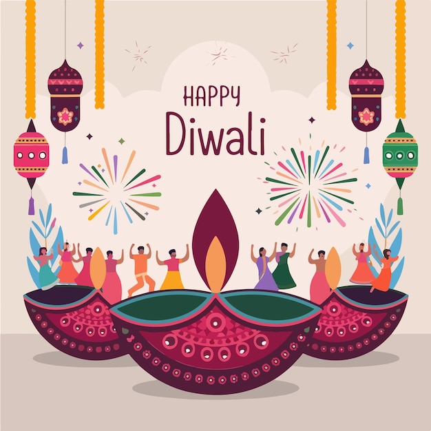 happy diwali celebration template with diya lamp flat illustration design