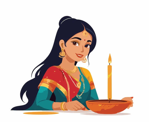 Vector happy diwali day with candles and beautiful indian woman