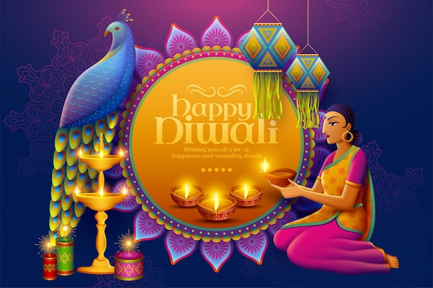 Happy Diwali design with beautiful indian woman holding oil lamp diya