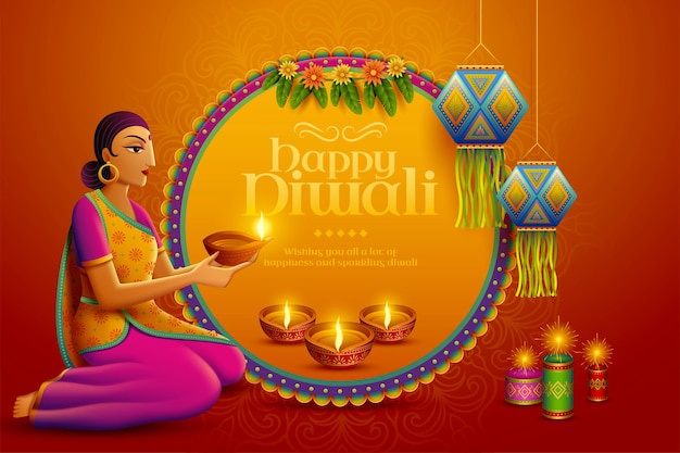 Happy Diwali design with beautiful indian woman holding oil lamp diya