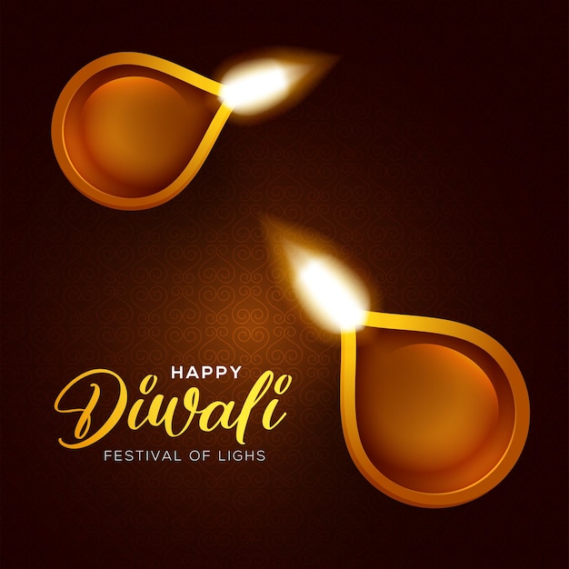 Happy Diwali design with diya oil lamp elements on brown background, bokeh sparkling effect