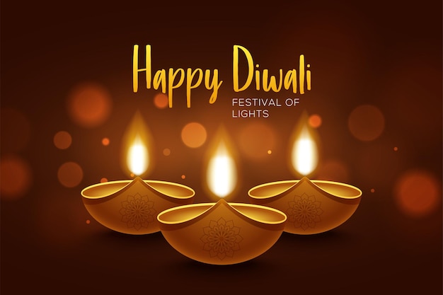 Happy Diwali design with diya oil lamp elements on brown background, bokeh sparkling effect