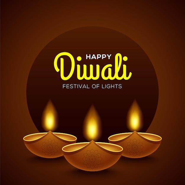 Happy diwali design with diya oil lamp elements on brown background