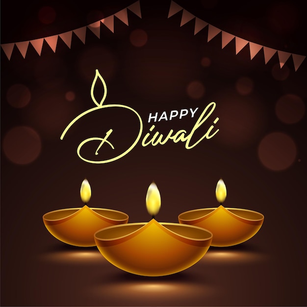 Happy diwali design with diya oil lamp elements on brown rangoli background, bokeh sparkling effect