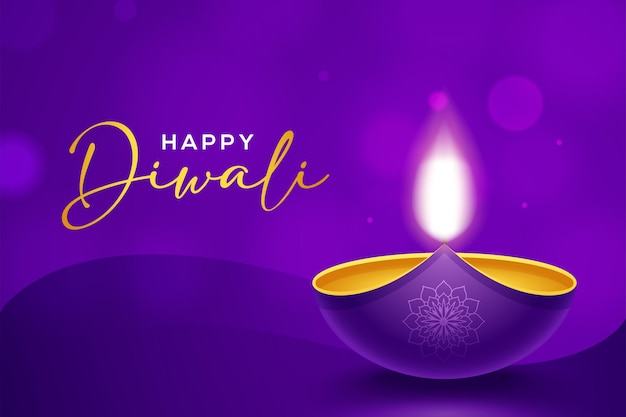 Happy Diwali design with diya oil lamp elements on purple background, bokeh sparkling effect