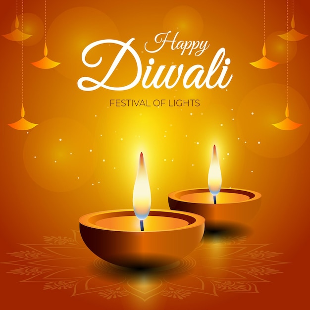 Happy diwali design with diya oil lamp hindu festival celebration elements on colorful rangoli