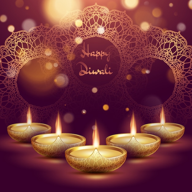 Happy diwali diya oil lamp template. Indian deepavali hindu festival of lights. 