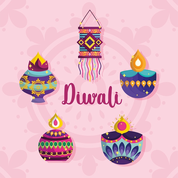 Happy diwali festival, diya lamps lanterns ornament decoration card detailed