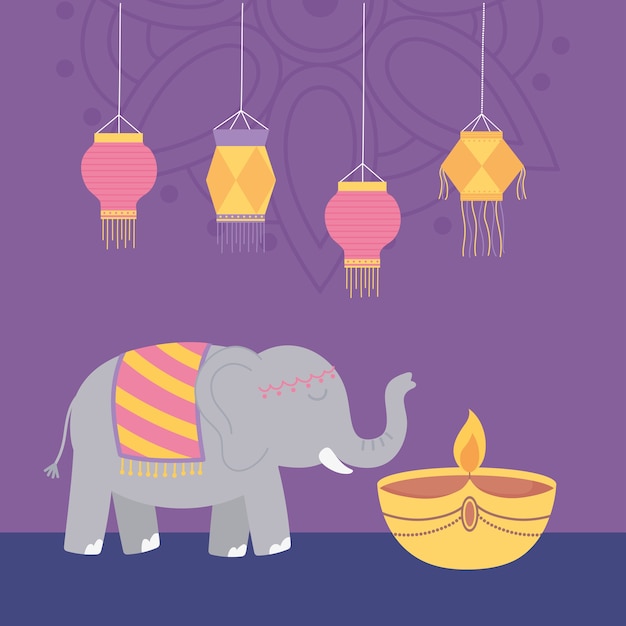 Happy diwali festival, elephant diya lamp candle and lanterns decoration,.