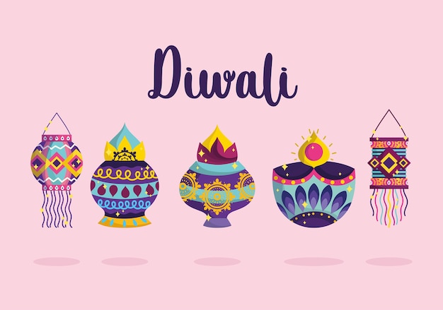 Happy diwali festival, festive celebration light with diya lamps and lanterns detailed