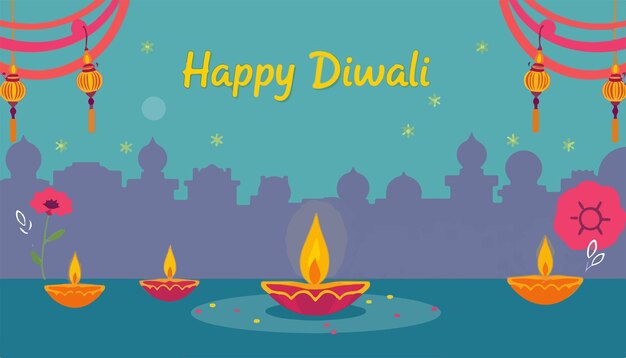 Happy Diwali Festival Greeting with Colorful Lamps