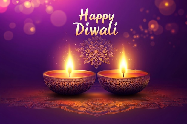 The happy diwali festival of lights poster design wallpaper with purple background