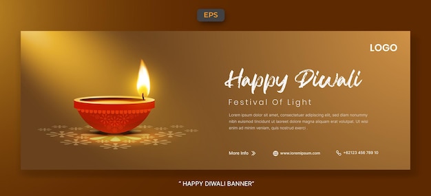 Happy diwali festival of lights with realistic oil lamp element web banner template