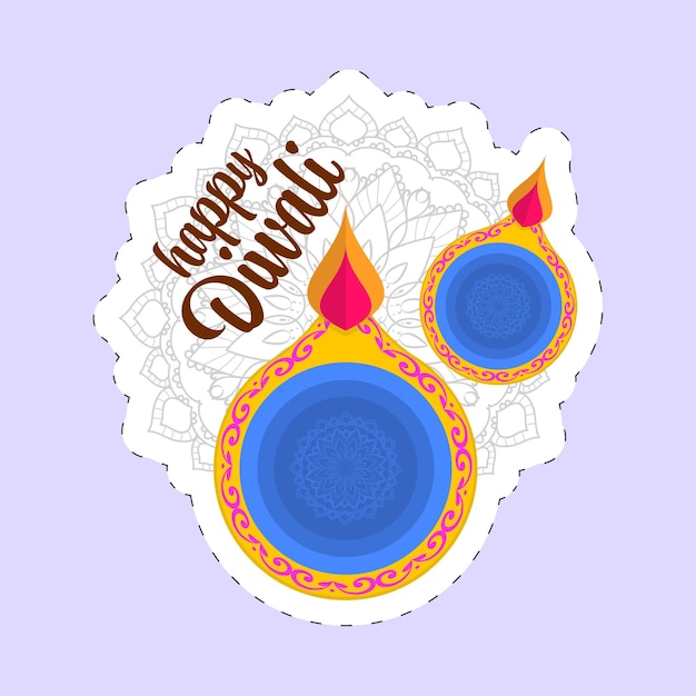 Happy Diwali Font With Top View Of Lit Oil Lamps Diya And Fireworks In Sticky On Pastel Violet Background