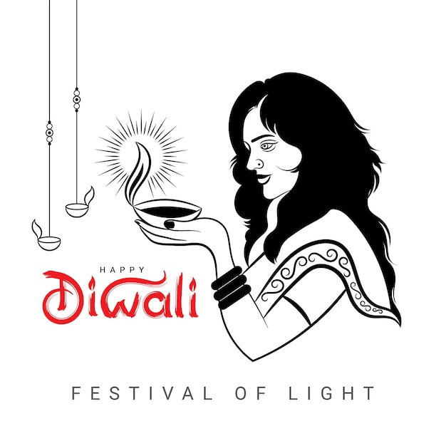 Happy Diwali greeting with india woman hand diya lamp outline sketch