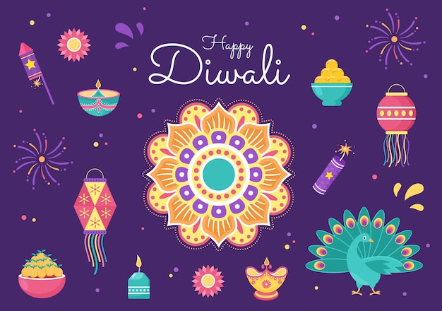 Happy Diwali Hindu Festival Background Vector Illustration with Lanterns, lighting Fireworks, Peacock and Mandala or Rangoli Art For Poster, Greeting Card Template