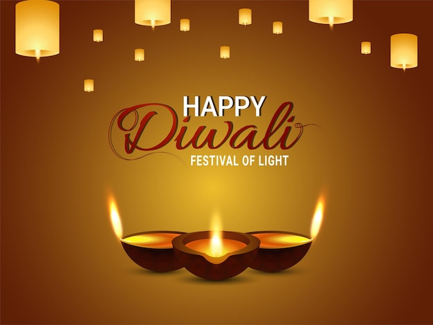 Happy diwali illustration greeting card with diwali diya and lamp