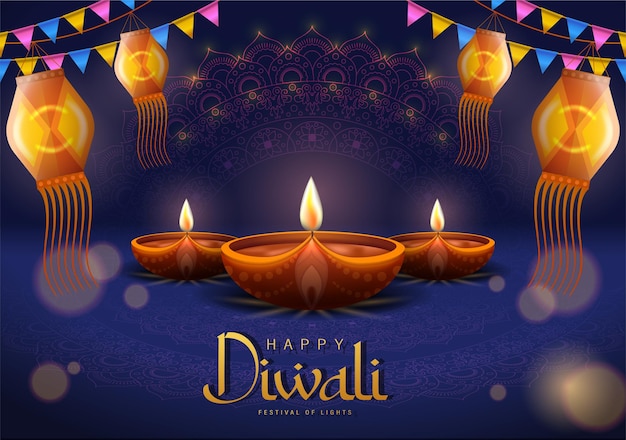 Happy Diwali Poster with Diya Lamp and Peacock Vector Illustration. Indian festival of lights Design