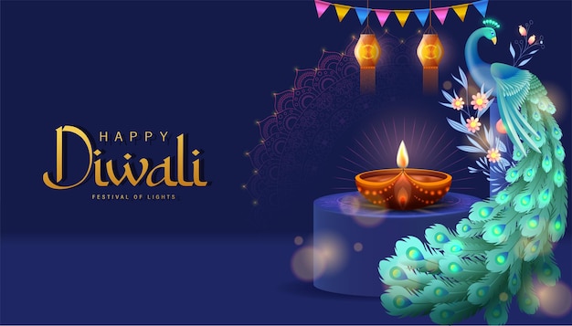 Happy Diwali Poster with Diya Lamp and Peacock Vector Illustration. Indian festival of lights Design