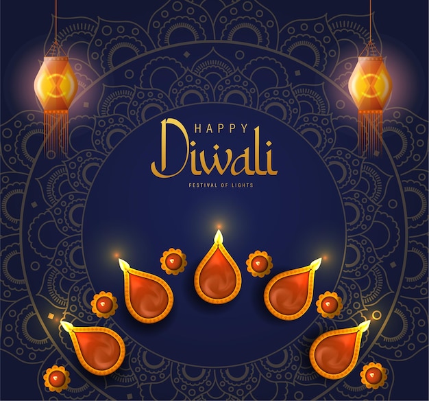 Happy Diwali Poster with Diya Lamp and Peacock Vector Illustration. Indian festival of lights Design