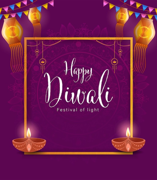 Happy Diwali Poster with Diya Lamp and Peacock Vector Illustration. Indian festival of lights Design