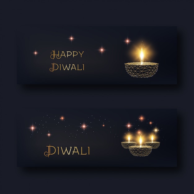 Vector happy diwali web banners with glowing low poly golden oil lamp diya and text on black .