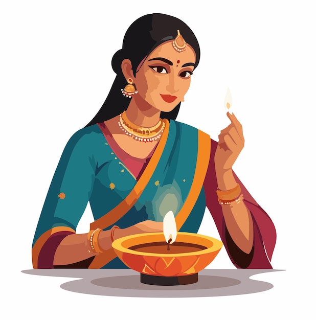 Vector happy diwali with a beautiful indian woman