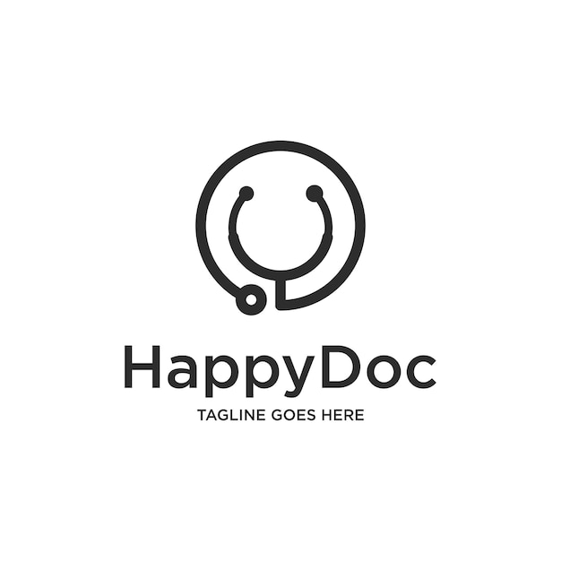 Happy Doctor logo with stethoscope  isolated on white Background