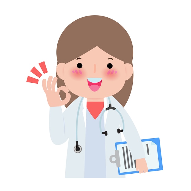 Happy doctor shows hand okay sign Isolated on white   illustration