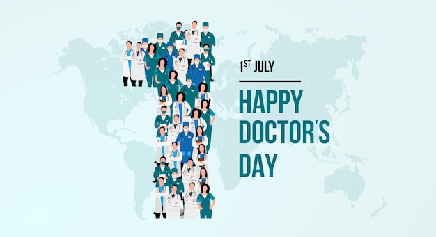 Vector happy doctors day a large group of doctors form to create the number 1 as doctors day is celebrated