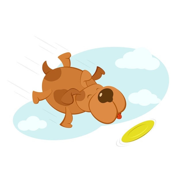 Happy dog with a flying saucer on blue sky background illustration