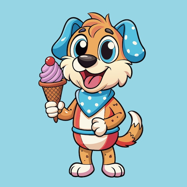 Happy Dog with Ice Cream Cone Cartoon Vector Illustration