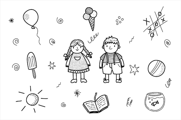 Happy doodle kids Children Hand drawn kindergarten Childish doodle style Vector illustration