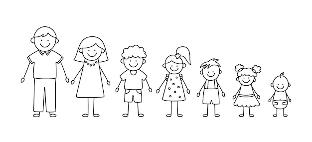 Vector happy doodle stick mans family set of hand drawn figure of family mother father and kids vector