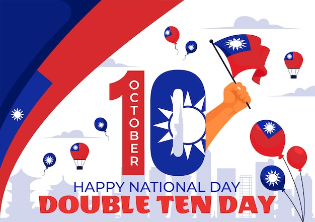 Vector happy double ten national day vector illustration on october 10 with taiwan waving flag and balloons in a holiday flat style cartoon background