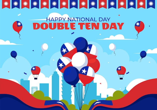 Vector happy double ten national day vector illustration on october 10 with taiwan waving flag and balloons in a holiday flat style cartoon background