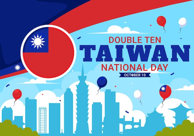 Happy Double Ten National Day Vector Illustration on October 10 with Taiwan Waving Flag and Balloons in a Holiday Flat Style Cartoon Background