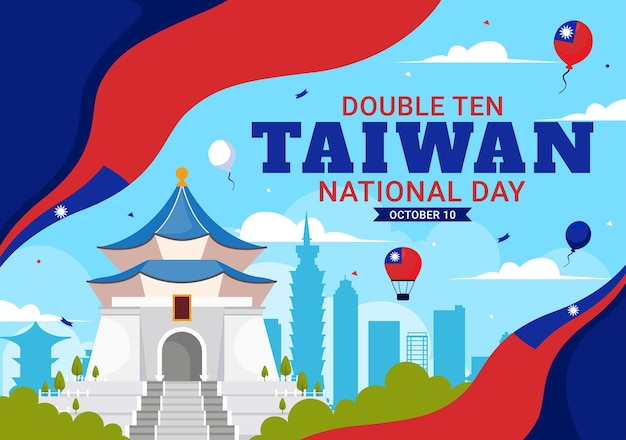 Vector happy double ten national day vector illustration on october 10 with taiwan waving flag and balloons in a holiday flat style cartoon background