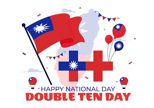 Vector happy double ten national day vector illustration on october 10 with taiwan waving flag and balloons in a holiday flat style cartoon background