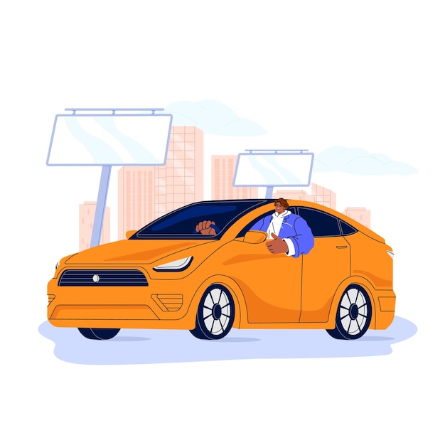 Happy driver rides a rental car on city street Man drives carsharing service automobile on urban roads People using electric transport vehicle Flat isolated vector illustration on white background