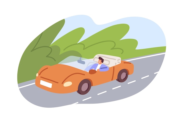 Happy driver riding convertible car. Man travel alone by open-top auto. Person traveling by road on summer holidays. Weekend journey on cabriolet. Flat vector illustration isolated on white background